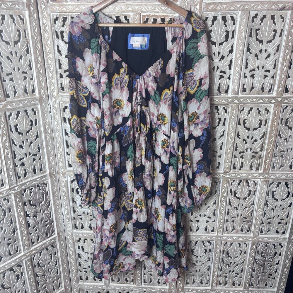 by Anthropologie Floral Tiered V-Neck Tunic Dress Long Sleeve Women Blue Boho 2X